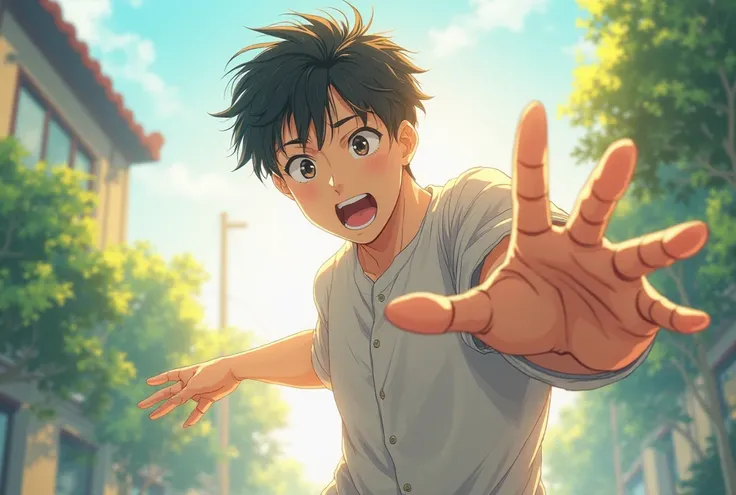  Anime style. anime man, 25 years old.  black hair.  in full. Clear ,  sunny day. The guy pulls his hand away in shock. The guy pulled his hand away