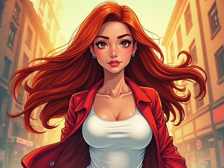  A  ager,  Female,  with Latin features , a lot of energy , reddish dark eyes, hair a white blouse with a red jacket over it, She wears smooth hair,  Long and red .  comic-style viewer  