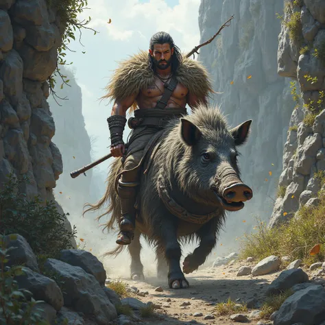 Wild warrior dressed in fur riding a huge wild boar in a landscape of rocks and thickets