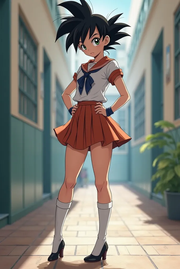 dragon ball, Son Goku female version, school skirt, socks, heels, full body