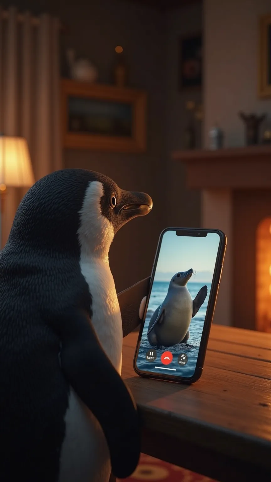 An ultra-realistic scene of a penguin sitting at a wooden desk in a cozy, dimly lit room, holding a smartphone. The penguin, with sleek black-and-white feathers, is looking intently at the screen. On the phone’s screen, an image of a sea lion appears, with...