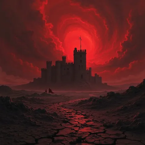 background hell and sky made of blood,an old castle on the horizon