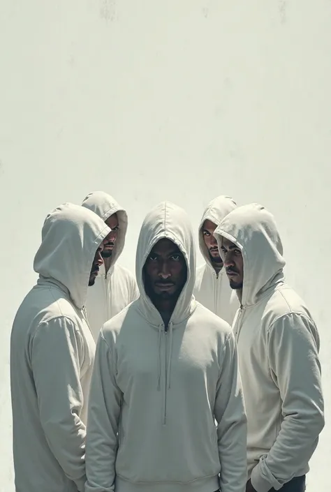 Create 5 men in a white hooded sweater planning an attack
tabletop