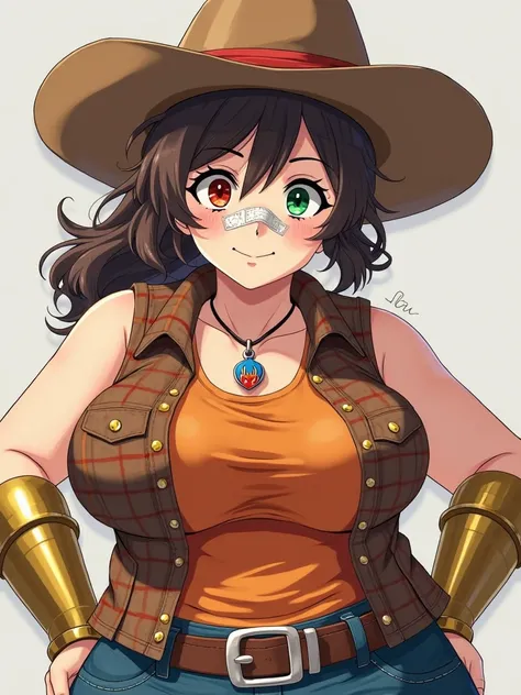 anime drunk obese busty tomboy brown cowgirl hat rough brown ponytail hair right eye covered by red orange yellow highlights green left eye band aid on nose blue fire charm necklace with ruby brown sleeveless western vest orange plaid short sleeve shirt go...