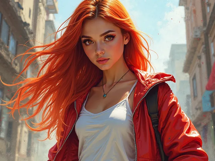   A  teenager,  Female,  young,  with Latin features , a lot of energy , dark reddish eyes, a white blouse with a red jacket over it, wears straight hair,  Long and red . marvel style