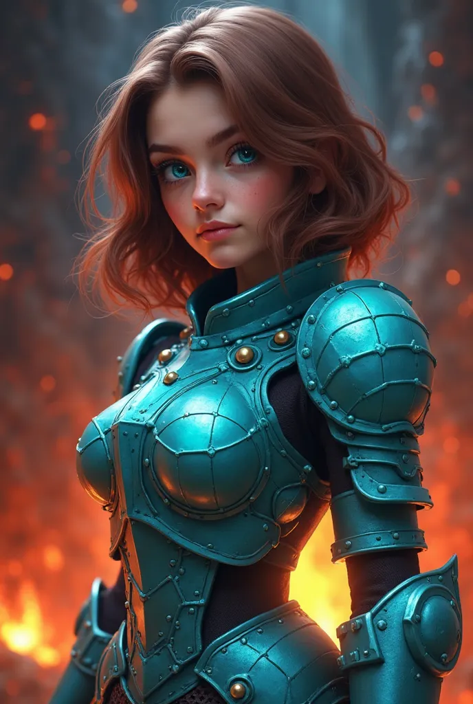 Cartoon-like (powerpuff girls style) portrait of a young woman with medium brown hair and bright blue eyes, wearing stylized diamond armor inspired by Minecraft. The armor has a turquoise-blue metallic shine with subtle pixel-like textures. She stands conf...