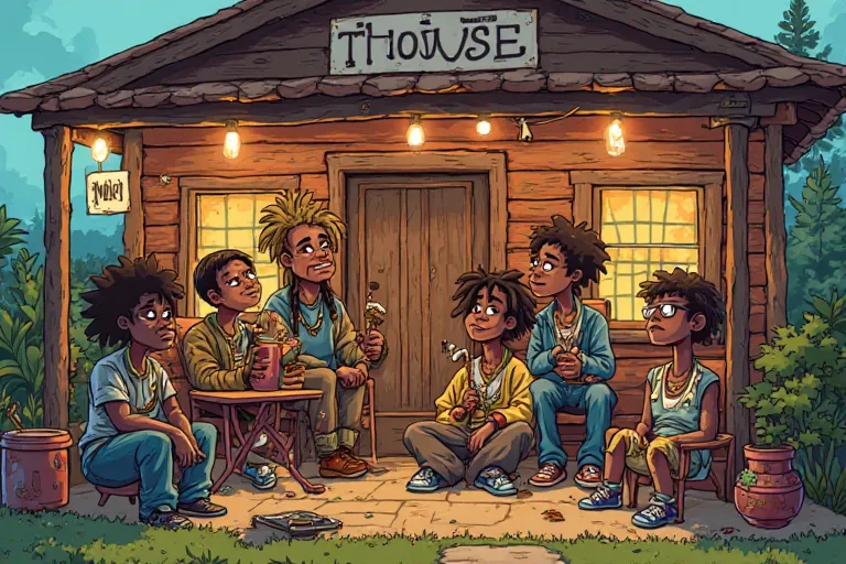 Create a lively and colorful cartoon-style illustration of a community gathering at a rustic wooden terraced house that serves as a central meeting point. Depict a diverse group of characters with exaggerated features—some with thick, playful dreadlocks, o...