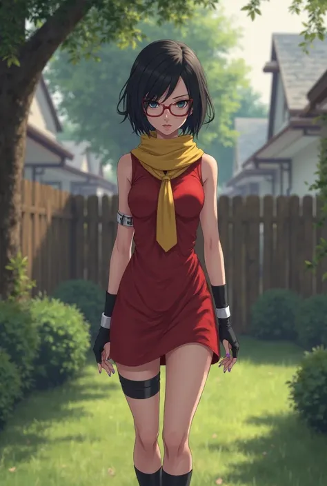 (1girl, solo, alone), (WakatsukiRisa, Sarada Uchiha, black hair, short hair, black eyes, red glasses), ((solo, (1woman, pink lipstick, black eyes), Extremely detailed, ambient soft lighting, 4k, perfect eyes, a perfect face, perfect lighting, a 1girl)), ((...