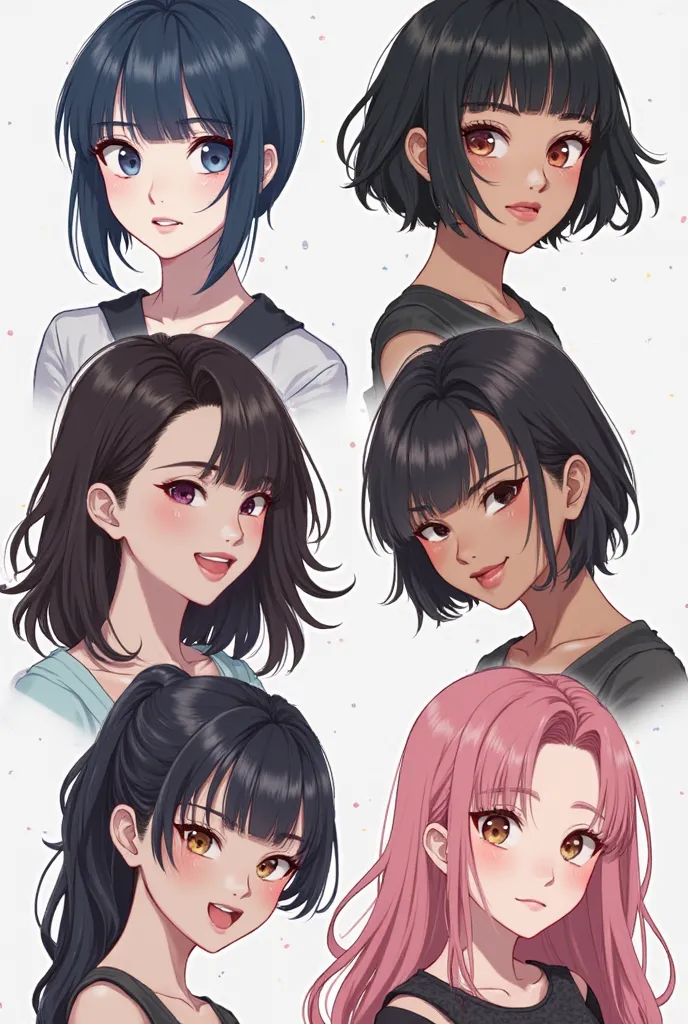  Image of the members of the Kpop band "Anhe" with the specific characteristics you defined 

- Ninth: short dark blue hair and white skin 
- Evi: black hair down to the ass,  Brown skin (latina/European), download
- Hina: black shoulder hair with Japanese...