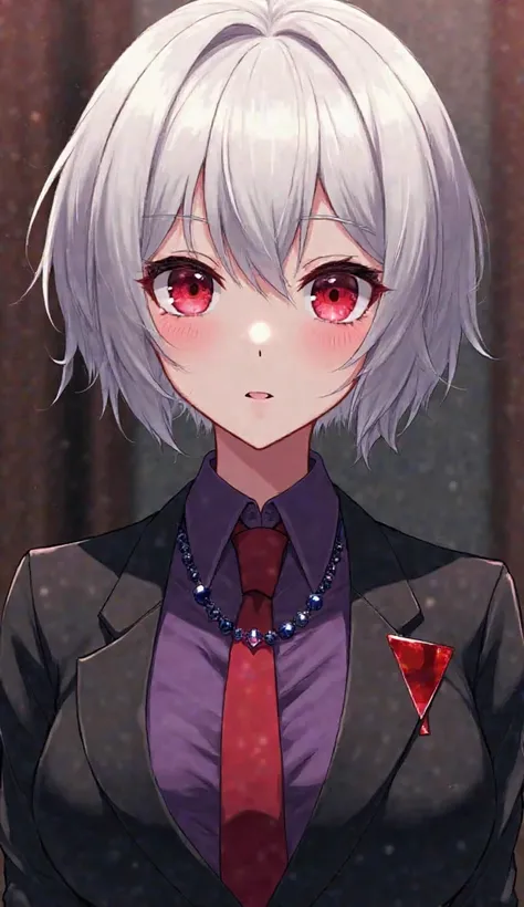  Light-skinned girl ,  short white hair, eyes red as blood, with an expressionless face and an arrogant twinkle in his eyes, wearing a black suit with a purple shirt underneath and a red tie on top, with bust size 38D and with sapphire necklace, full body....