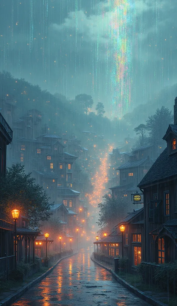 A blurry secluded town is raining drops of colors. 