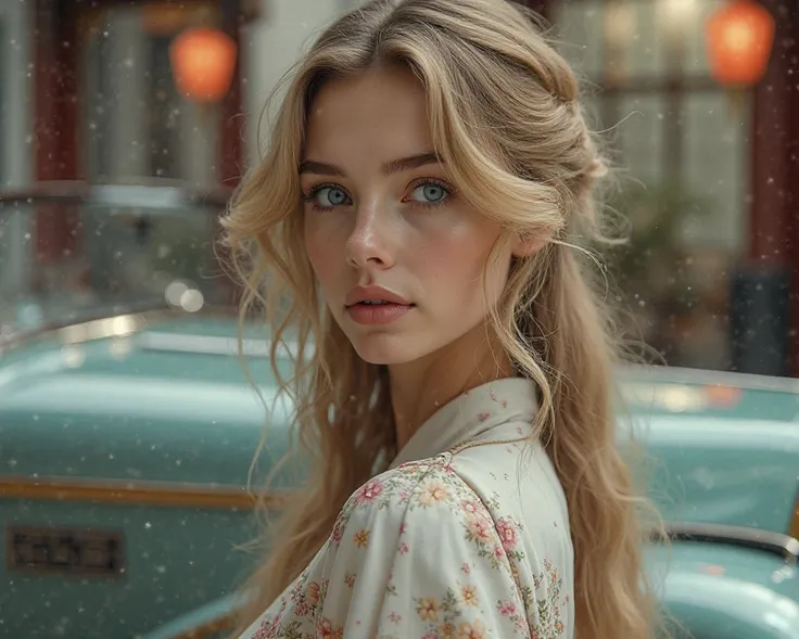 Pp girl blue eyes and blond hair 
With behind a classy car and a Chinese background car and girl a little more in the background and less blurry