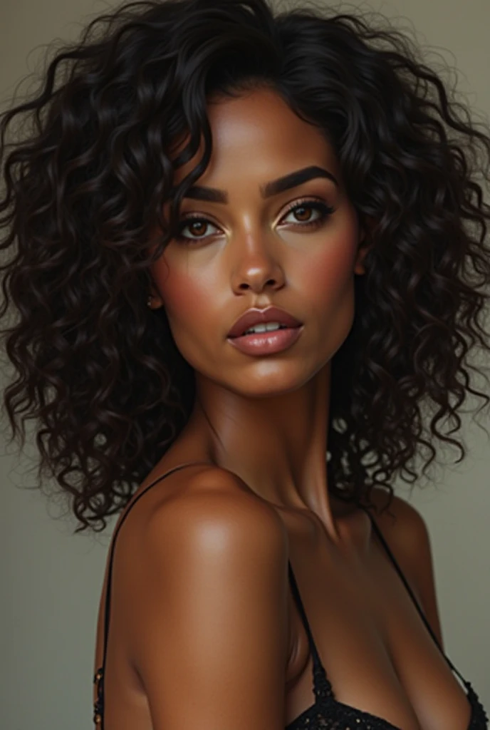 Woman Black thick curly hair, Olive skin, Dark brown eyes, Full lips