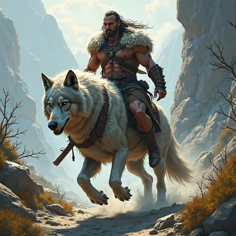 Wild warrior dressed in fur riding a giant wolf in a landscape of rocks and thickets