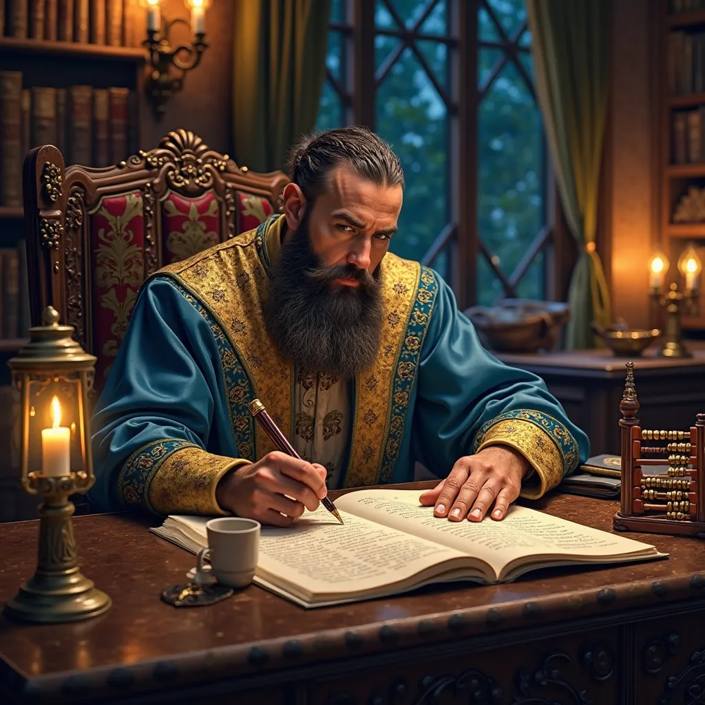 In a large and luxurious office in the heart of a richly wooded castle, an imposing figure rests on a carved wooden chair, surrounded by the soft glow of the oil lanterns that illuminate the night. The Man, a 40-year-old accountant and financial manager, e...