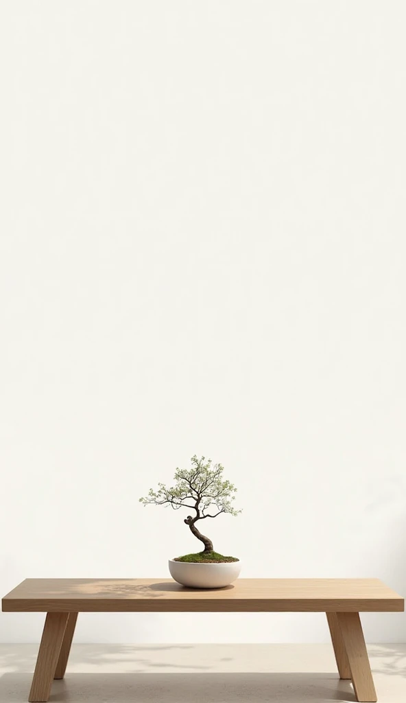 A serene minimalist scene: a single bonsai tree in a small white pot, centered on a smooth wooden table, soft natural light streaming in, stark white background, clean lines, muted earthy tones