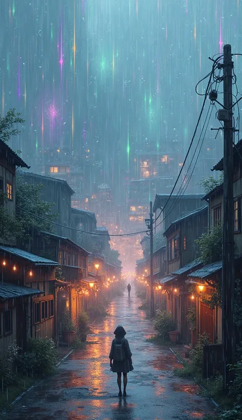 A blurry secluded town is raining drops of colors. 