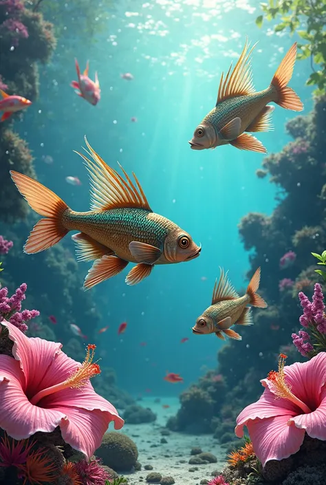 Big finned channa andrao fish and large finned channa andrao pink fish and large finned channa andrao fish son in the sea with pink hibiscus flowers