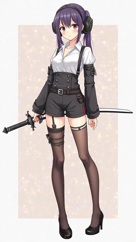 Zenzero、 Genshin、 Resonance、 sexy、looks like she would appear in Soshage、full body、 business shirt 、heel、 harness belt、character design、simple background、Clothes that show through the chest、shorts、garter belt、asymmetrical stockings、Hold a sword in a cool w...