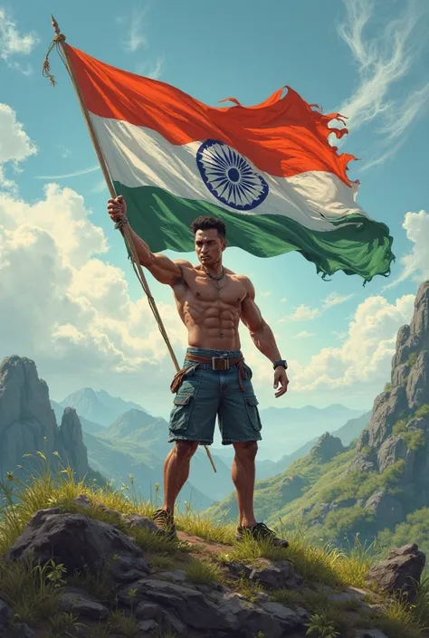 Generate an image of a fit and muscular but not bulk man waving Manipur flag on the top of a hill with beautiful scenery and clouds