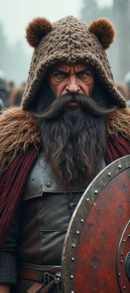 He has a thick long beard, a thick and macho mustache. His face is angry and his shoulders are wide. He wears a shield and wool and a bear hat. I think he is majestic and has a scar on his eyes. He is a Muslim 