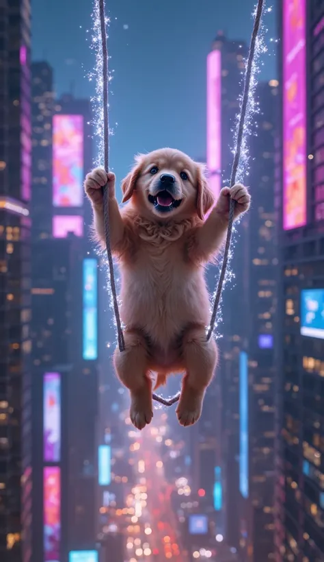 "Create a photorealistic image in high definition (8k) of a golden retriever puppy hanging on an impromptu swing between skyscrapers of a futuristic metropolis at night. The puppy,  with soft and shiny golden fur , It is holding its front paws on two lumin...