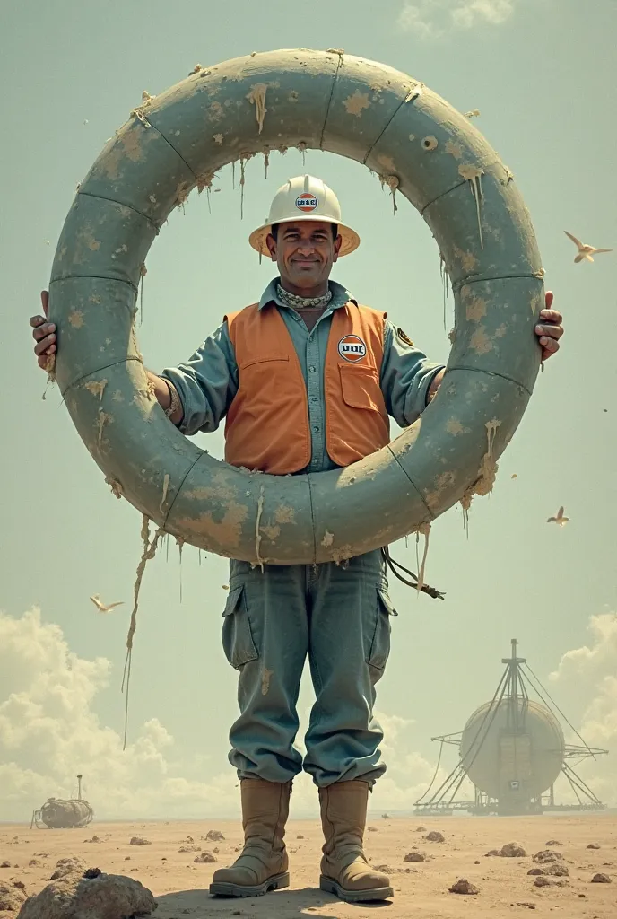 A man on the side wearing a Gulf costume holding a large circle 