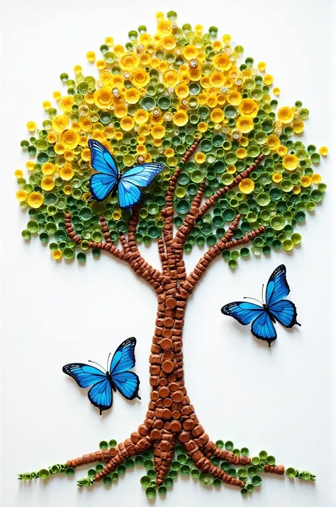 I need a white background mural of an araguaney tree whose leaves are yellow and green with a trunk and branch that could be brown with white if it looks good and that around it has three blue butterflies all this made of plastic bottle caps so please the ...