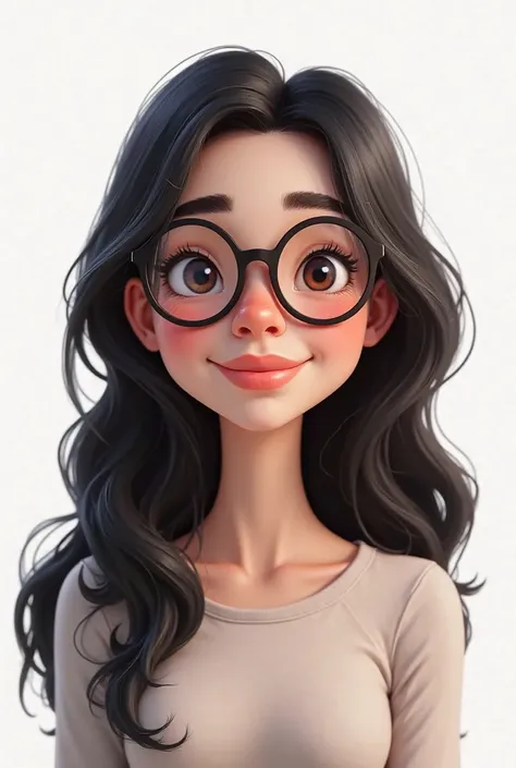 Create a better quality woman's cute design, High resolution, illustration, 3d, 8k a woman with long black hair, with glasses, with very wide smiles and with slightly puffy and short eyes and With a white background