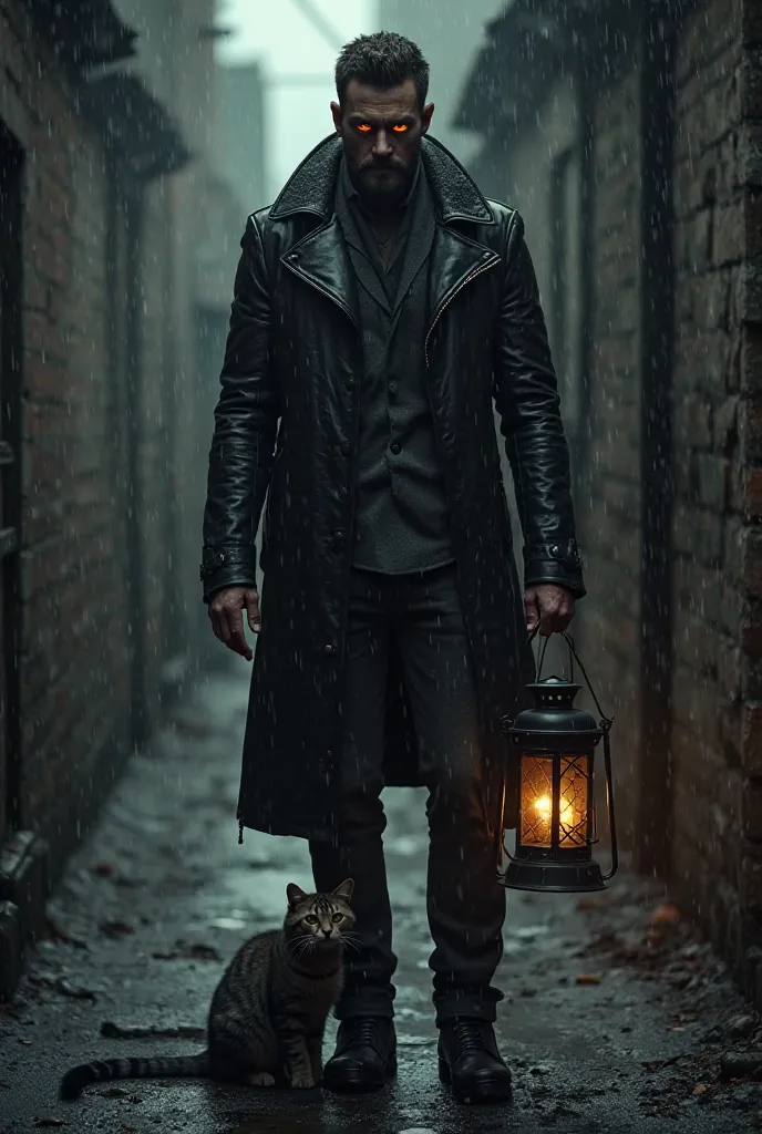 `"A dark, brooding man in a leather jacket with scars on his arms, standing in a rain-soaked alley. His eyes glow with intensity, holding a flickering lantern. A stray cat rubs against his leg, contrasting his harsh exterior. Cinematic lighting, hyper-real...