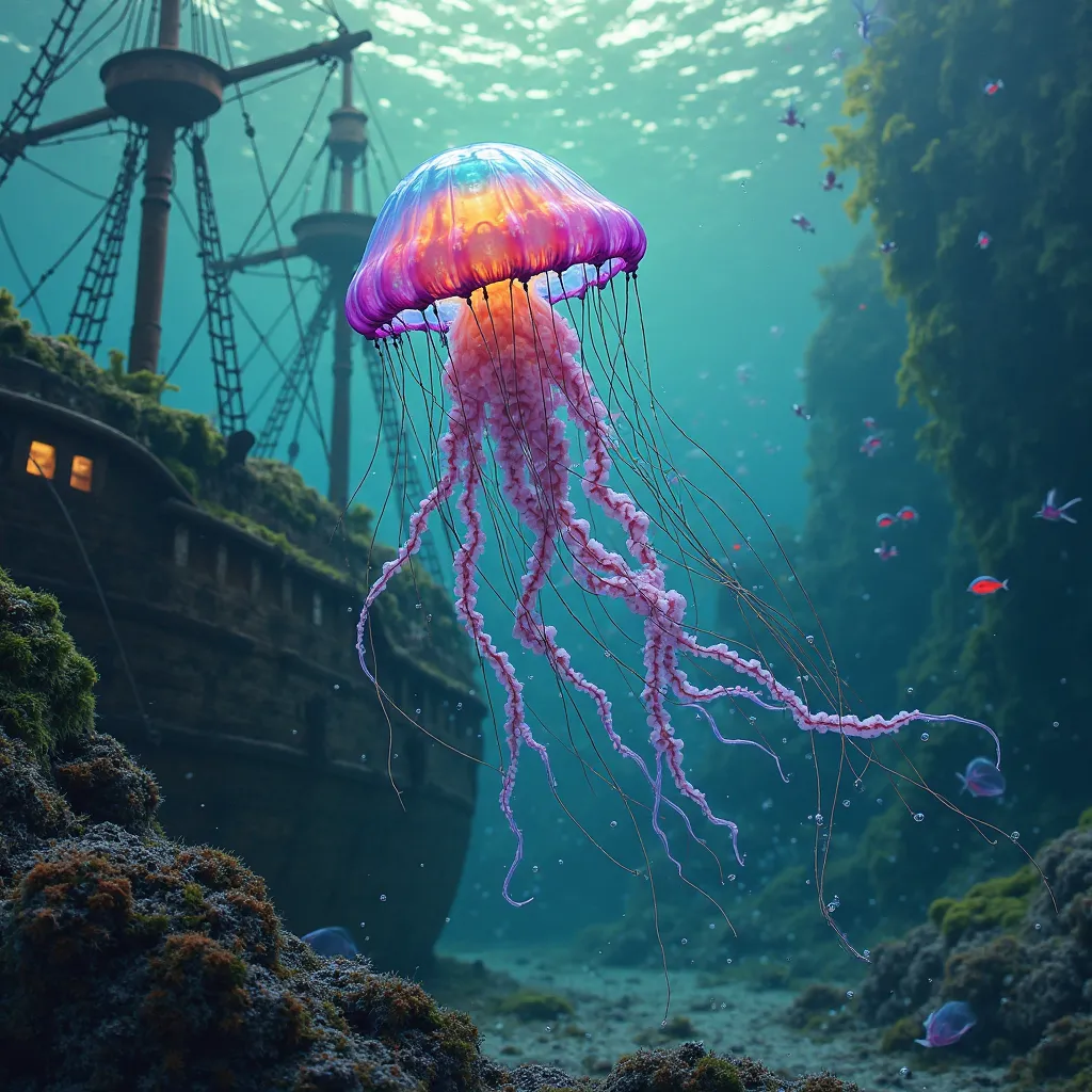 a beautiful colorful jellyfish swims into the sea against the background of an old sunken ship