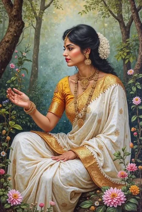 a handmade water color classical painting on hardboard, indian female wearing white color kanjeevaram saree with golden full sleeves blouse with details embroidery on that saree there's a design of peacock, she is sitting in a forest many flower ,trees nea...