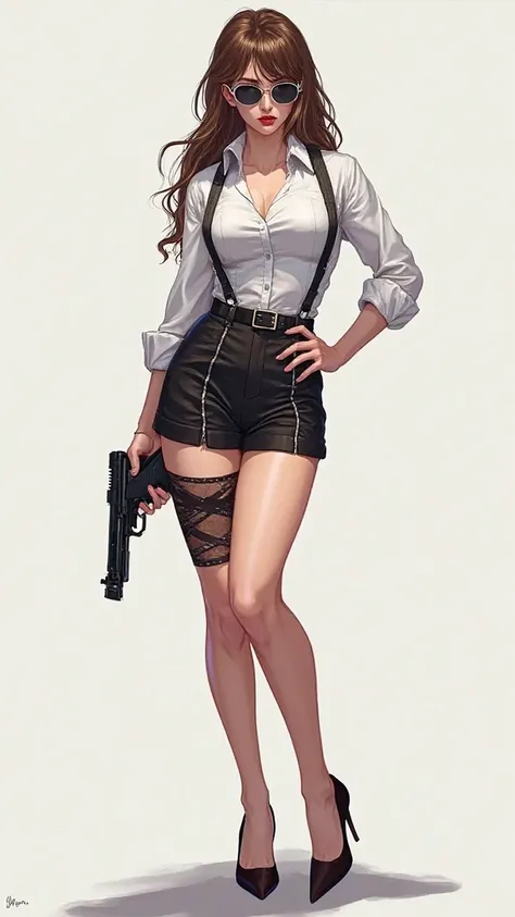  sexy、full body、 business shirt 、heel、 harness belt、simple background、Clothes that show through the chest、shorts、garter belt、asymmetrical stockings、Hold a gun in style、cool、adult older sister、 high waist、minicars、deformed、2 heads