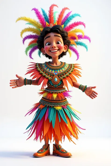 Ultra-realistic Pixar-style human Brazilian cartoon character with carnival costume on white background