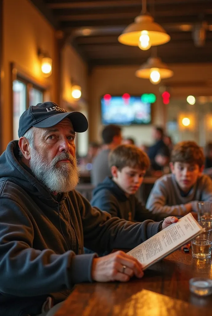 Prompt:
"A scene set in a cozy restaurant, illuminated by yellowish lights and rustic decor. Lens In the foreground, a middle-aged man with a gray beard and a serious expression is sitting at the table. . He wears a dark cap and a hooded sweatshirt, holdin...