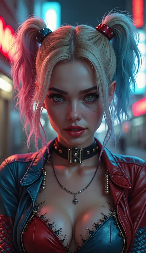 Create a hyper-realistic digital artwork of Harley Quinn, emphasizing her stunning and lifelike facial features. Her face should be beautifully detailed, with expressive, captivating eyes, flawless skin, and her iconic red and blue hair styled in a messy y...