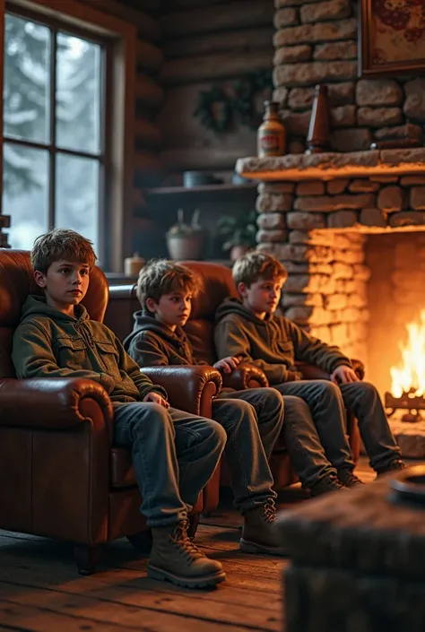 Ultra-realistic image of s, Boys and s sitting in a cabin next to a fireplace at night super realistic details 