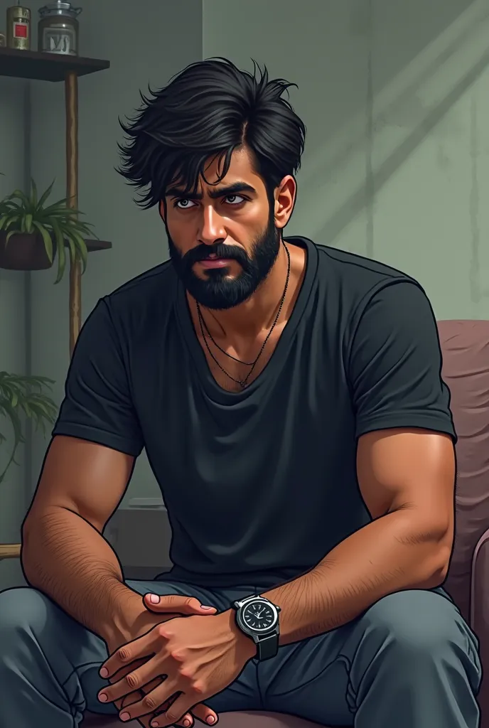 A indian man with black t-shirt, unruly hair cover forehead, apathetic face, shaggy beard, a casual watch on left hand, sitting man, looking other side cartoon 