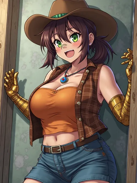 anime drunk obese busty tomboy brown cowgirl hat rough brown ponytail hair right eye covered by red orange yellow highlights green left eye band aid on nose blue fire charm necklace with ruby brown sleeveless western vest orange plaid short sleeve shirt go...