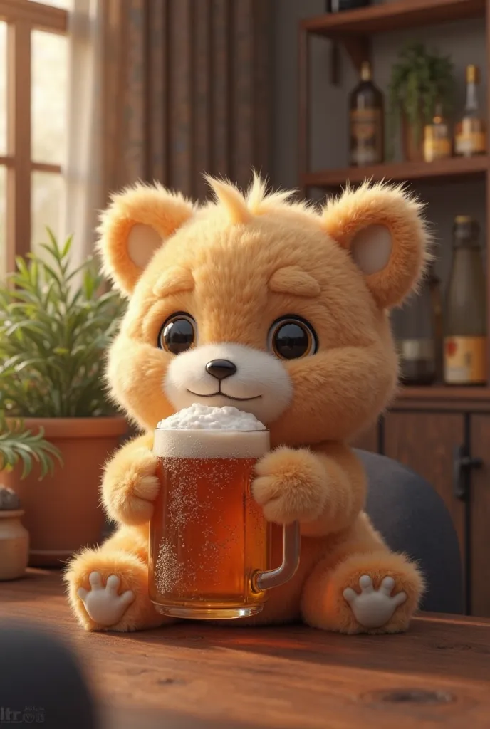 A stuffed animal drinking beer 