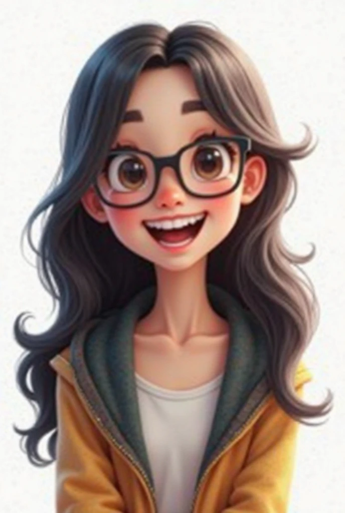 Create a better quality woman's cute design, High resolution, illustration, 3d, 8k a woman with long black hair, with glasses, with very wide smiles and mouths and with eyes that are half puffy and half chubby, Who works in the area of communication and wi...