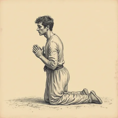 
This image presents a vintage style, with a pencil sketch portrait of an English male on his side, kneeling on the ground with his eyes closed and his fingers crossed and clasping his fists in a prayerful pose on the left side against a light brown backgr...