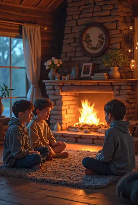 Ultra-realistic image of s, Boys and s sitting on the floor of a cabin next to a fireplace at night super realistic details 