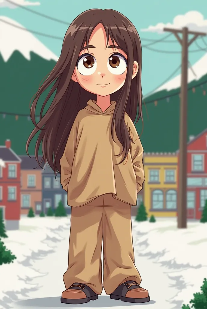 South Park girl with long brown hair,  brown eyes, Wide and long pants, Long shirt 