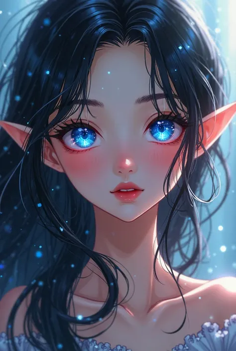 anime, Elf girl with blue eyes, black long hair, red cheeks and lips.