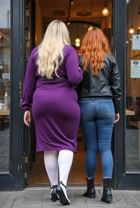 Blonde BBW curvy fat woman 162cm tall bust size 38g in her 40s leaving  starbucks her back to camera dressed in purple knee length wrap  dress white nylon stocking strappy high heels a long hair ginger ager 19 years old 150cm tall, black boots blue jeans a...