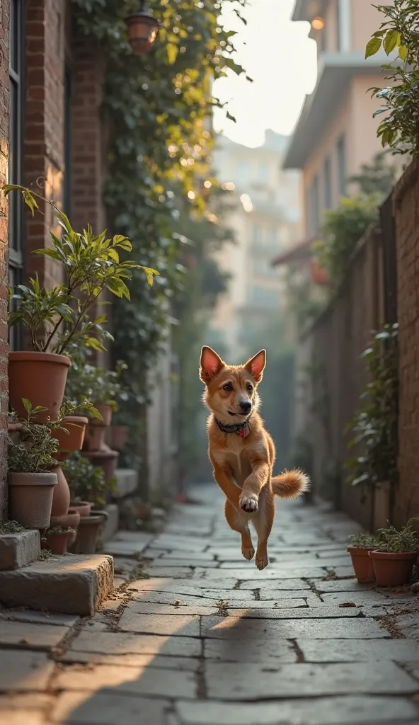 Luna, intrigued yet cautious, leaps from the window, her paws silent on the pavement. Leo smirks playfully and dashes away, glancing back to see if she follows. The chase begins—through narrow alleyways, over garden fences, past sleeping dogs.