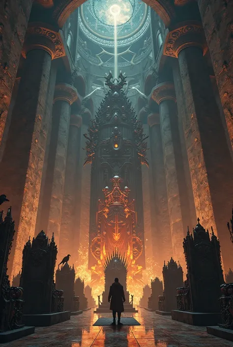 Epic fantasy scene, 12 gods seated on thrones a great hall, each throne uniquely designed to reflect its dominance and personality. The gods are represented as dark silhouettes without facial features recognizable, but their shapes and postures differentia...