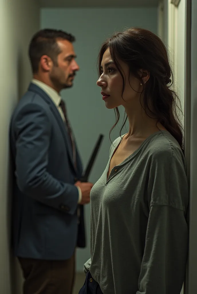 there is a woman standing next to a man holding a knife, a picture by Jan Rustem, unsplash, hyperrealism, 18 years old, very very low quality picture, low quality photo, very very low quality, 30 years old woman, 3 0 years old woman, around 1 , looking fro...