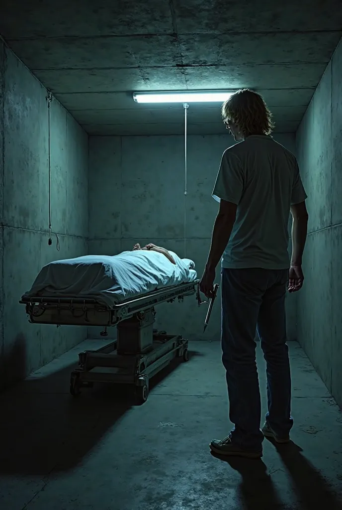 Create an image of a 33-year-old man with long blond hair and square glasses in a basement holding a scalpel heading toward a stretcher illuminated by a faint light and an anesthetized person